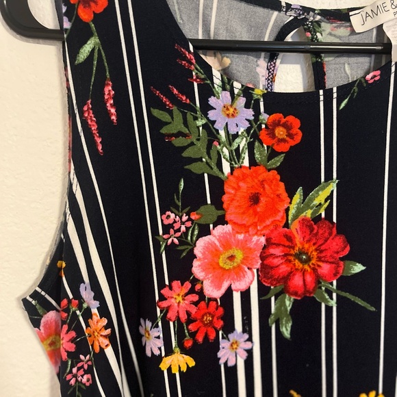 Floral Striped Midi Dress - Black with Red and Pink Flowers - Picture 4 of 6